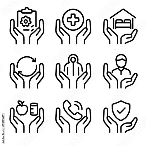Crisis Support Icons. Outline icon set of helping hands in crisis: recovery plan, free medical clinic, emergency shelter beds,