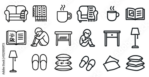 Cozy home essentials icons for relaxation and comfort design