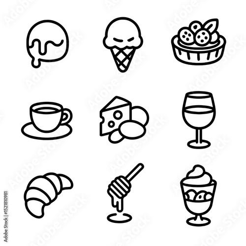 Culinary Bliss Icons. Outline icon set of culinary bliss moments: melting chocolate truffle, creamy gelato scoop, fresh berry tart