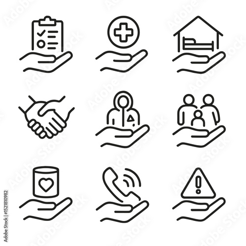 Crisis Support Icons. Outline icon set of helping hands in crisis: recovery plan, free medical clinic, emergency shelter beds,