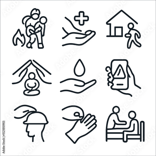 Crisis Help Icons. Outline icon set of helping hands in crisis: fire rescue, medical assistance, home evacuation, shelter sign,