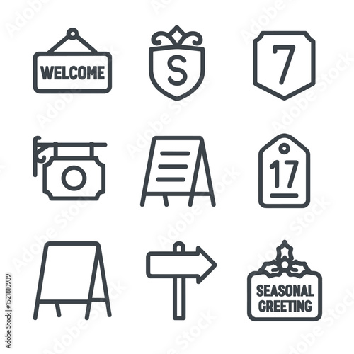 Custom Sign Icon Set. Outline icon set of custom sign themes: welcome greeting, family name crest, house number digits, business