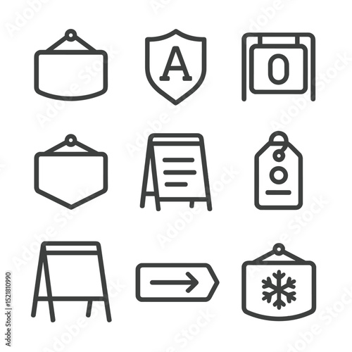 Custom Sign Icon Set. Outline icon set of custom sign themes: welcome greeting, family name crest, house number digits, business