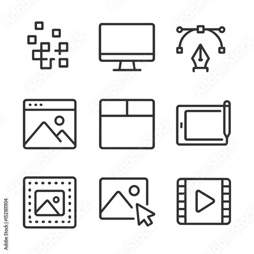 Digital Design Icons. Outline icon set of digital design: pixels, screen, vector, interface, layout, graphic tablet, digital