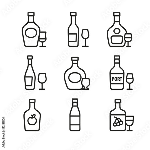 Digestif Icon Collection. Outline icon set of digestif varieties: amaro, grappa, Benedictine, Chartreuse, tawny port, calvados,