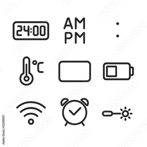 Digital Clock Icons. Outline icon set of digital clock display elements: 24-hour format, AM/PM indicator, blinking colon,