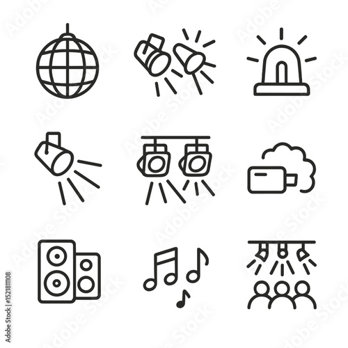 Party Icon Set. Outline icon set of party lighting: disco ball, flashing lights, strobe, colored beams, stage lights, fog,