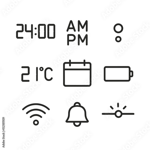 Digital Clock Icons. Outline icon set of digital clock display elements: 24-hour format, AM/PM indicator, blinking colon,
