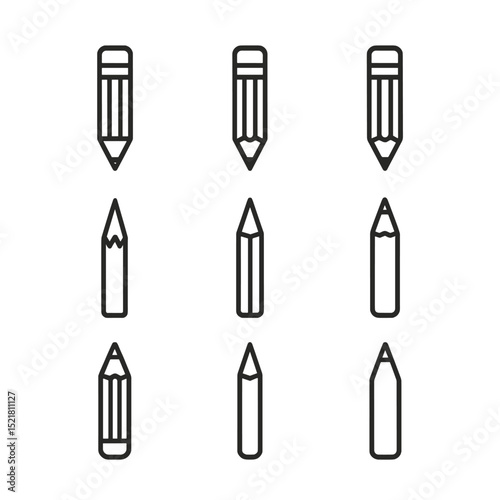 Pencil Icons Grid. Outline icon set of common pencil types: HB pencil, 2B pencil, 4B pencil, 6B pencil, H pencil, 2H pencil,