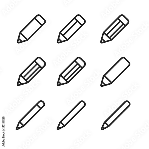 Pencil Icons Grid. Outline icon set of common pencil types: HB pencil, 2B pencil, 4B pencil, 6B pencil, H pencil, 2H pencil,