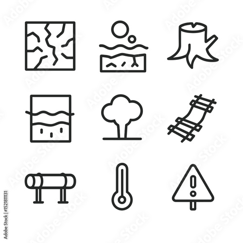 Permafrost Thaw Icons. Outline icon set of permafrost thaw effects: cracked soil, methane bubble, dead tree stump, thawing ice