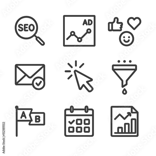 Digital Marketing Icons. Outline icon set of digital marketer dashboard: SEO magnifier, ad spend graph, social media icons, email