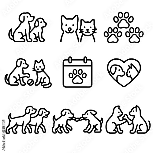 Pet Play Icons. Outline icon set of group play multi-pet: two dogs, cat and dog, circle of paws, shared toy, playdate calendar,