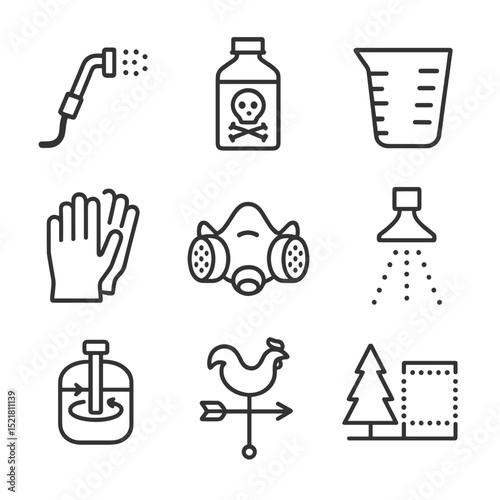 Pesticide Control Icons. Outline icon set of chemical control and judicious pesticide use: sprayer nozzle, pesticide label, dosage