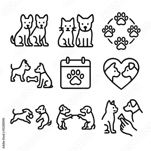 Pet Play Icons. Outline icon set of group play multi-pet: two dogs, cat and dog, circle of paws, shared toy, playdate calendar,