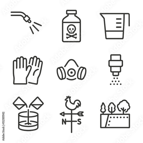 Pesticide Control Icons. Outline icon set of chemical control and judicious pesticide use: sprayer nozzle, pesticide label, dosage