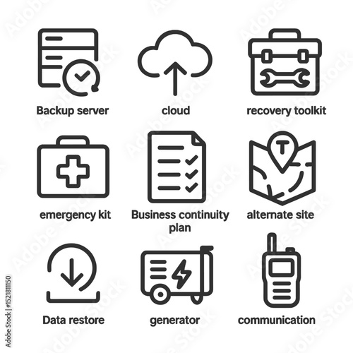 Disaster Recovery Icons. Outline icon set of disaster recovery planning: backup server, cloud storage, recovery toolkit, emergency