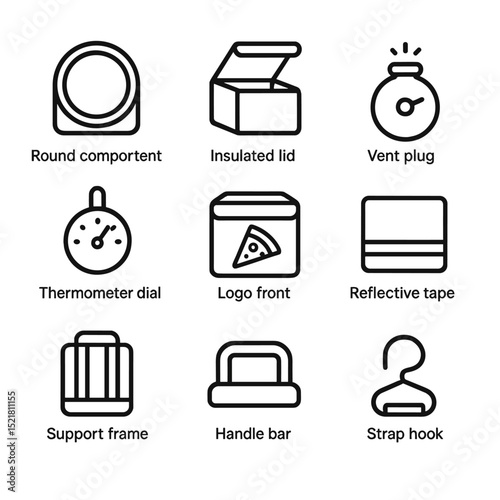 Pizza Delivery Icons. Outline icon set of pizza delivery thermal bag: round compartment, insulated lid, vent plug, thermometer