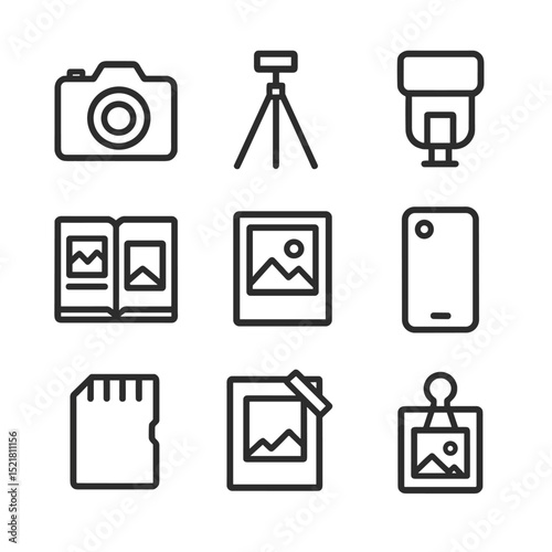 Photography Outline Icons. Outline icon set of photography and memory capture: camera icon, tripod, flash unit, photo album,