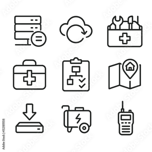 Disaster Recovery Icons. Outline icon set of disaster recovery planning: backup server, cloud storage, recovery toolkit, emergency