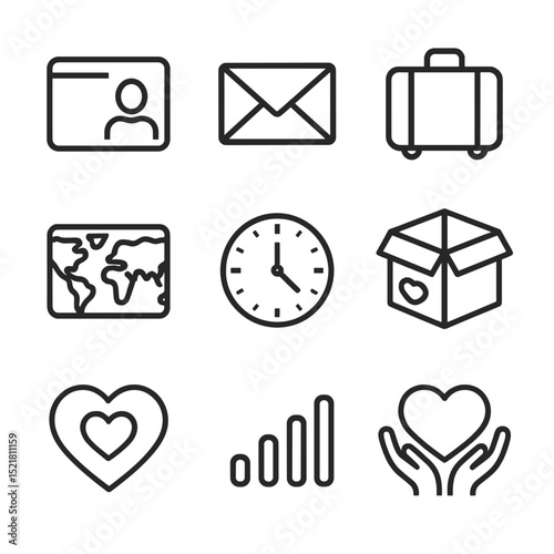 Digital Relationship Icons. Outline icon set of long-distance digital relationships: video chat window, mail envelope, luggage