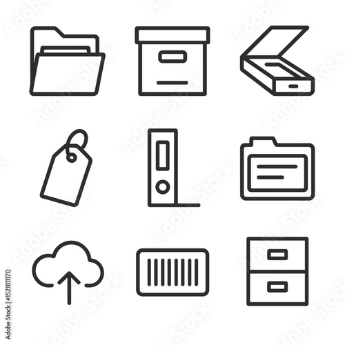Documentation Icon Set. Outline icon set of documentation and record keeping: document folder, archive box, scanner, label tag,