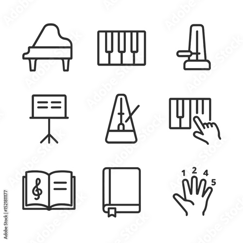 Piano Lesson Icons. Outline icon set of piano lessons: grand piano, keyboard keys, sustain pedal, sheet music stand, metronome,