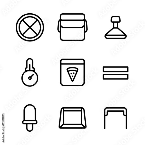 Pizza Delivery Icons. Outline icon set of pizza delivery thermal bag: round compartment, insulated lid, vent plug, thermometer