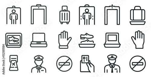 Airport security icons set for travel and safety design projects