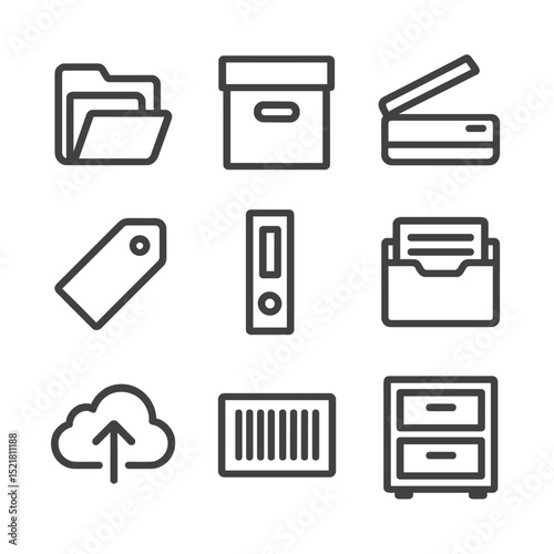 Documentation Icon Set. Outline icon set of documentation and record keeping: document folder, archive box, scanner, label tag,