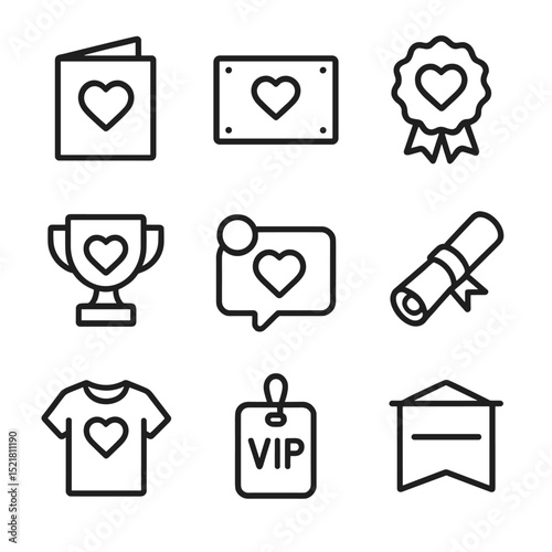 Donor Recognition Icons. Outline icon set of donor recognition and rewards: thank-you card, donor wall plaque, tier badge,