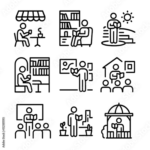 Poetry Venues Icons. Outline icon set of poetry reading venues: intimate café, library corner, outdoor amphitheater, bookstore