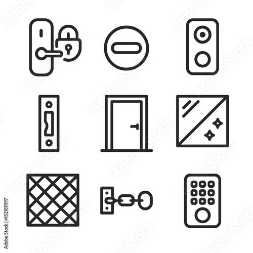Door Security Icons. Outline icon set of door and window protection: smart lock, deadbolt, doorbell camera, strike plate,