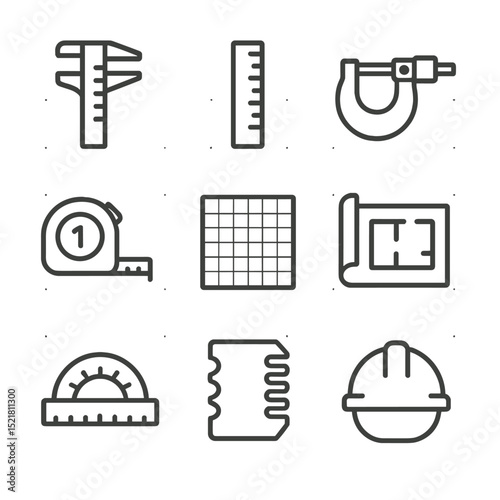Precision Measurement Icons. Outline icon set of hundredth of an inch measurements: caliper tool, ruler, micrometer, measuring