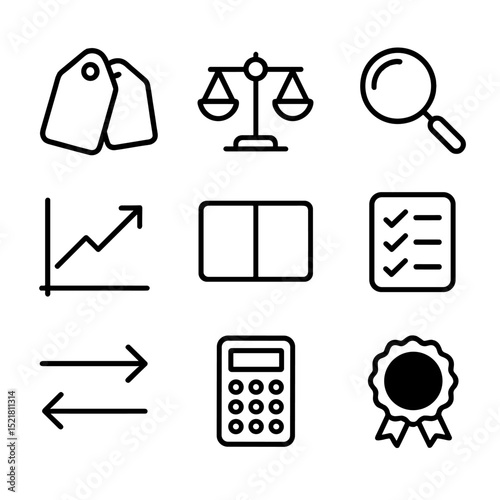 Price Comparison Icons. Outline icon set of price comparison: dual price tags, balance scale, magnifying glass, graph trend, split