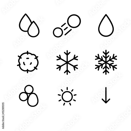 Precipitation Process Icons. Outline icon set of precipitation initiation: coalescence droplet, collision kernel, raindrop,