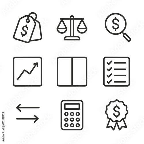 Price Comparison Icons. Outline icon set of price comparison: dual price tags, balance scale, magnifying glass, graph trend, split