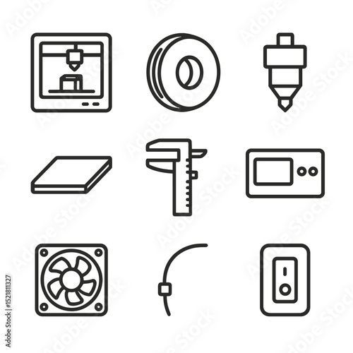 3D Printing Icons. Outline icon set of 3D printing equipment: 3D printer, filament spool, extruder nozzle, build plate,