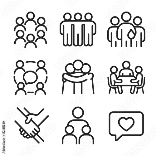Community Support Icons. Outline icon set of support groups and community: circle of people, linked arms, shared tear, talking