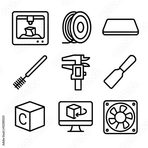 3D Printing Essentials Icons. Outline icon set of 3D printing setup: 3D printer, filament spool, print bed, nozzle cleaner,