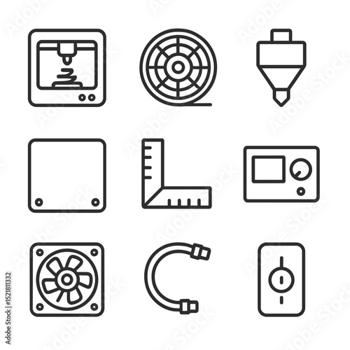 3D Printing Icons. Outline icon set of 3D printing equipment: 3D printer, filament spool, extruder nozzle, build plate,