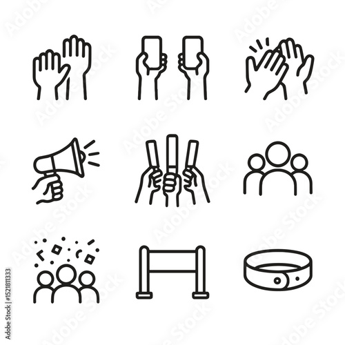 Concert Icons Set. Outline icon set of concert audience: raised hands, mobile phones, clapping hands, cheering megaphone, glow