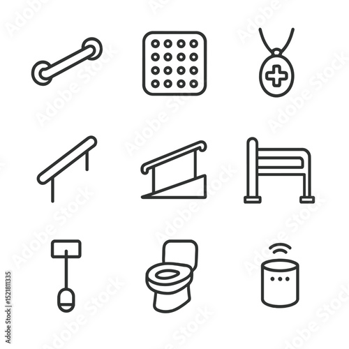 Elderly Safety Icons. Outline icon set of elderly and accessibility safety: grab bar, non-slip mat, medical alert pendant,