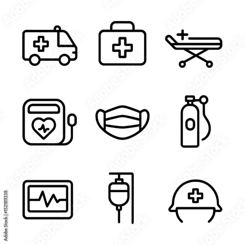 Emergency Icon Set. Outline icon set of emergency medical response: ambulance, first aid kit, stretcher, defibrillator, medical