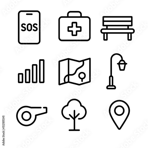 Emergency Icon Set. Outline icon set of emergency call spot: smartphone with SOS, first aid kit, bench, phone signal, park map,