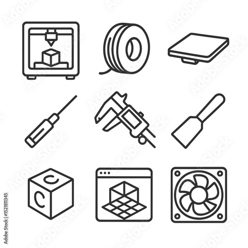 3D Printing Essentials Icons. Outline icon set of 3D printing setup: 3D printer, filament spool, print bed, nozzle cleaner,