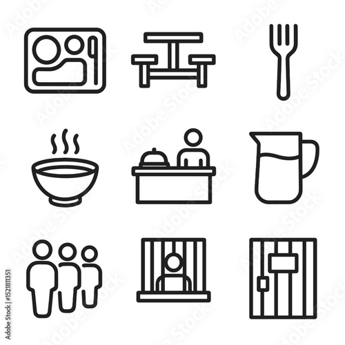 Prison Meal Icon Set. Outline icon set of prison meals: food tray, mess hall table, steel fork, soup bowl, cafeteria line, water