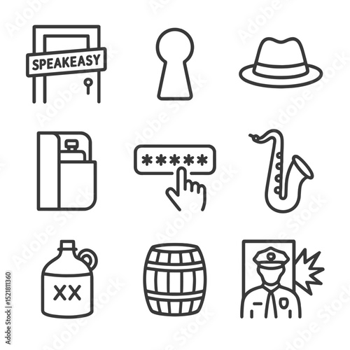 Prohibition Era Icons. Outline icon set of prohibition era: speakeasy door, keyhole, fedora hat, hidden flask, secret password,