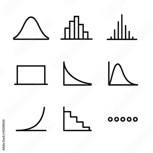 Probability Distribution Icons. Outline icon set of probability distributions: normal curve, binomial bars, Poisson spikes,