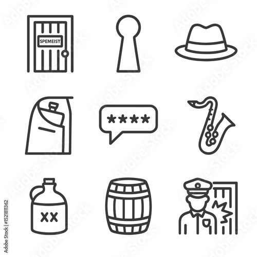 Prohibition Era Icons. Outline icon set of prohibition era: speakeasy door, keyhole, fedora hat, hidden flask, secret password,